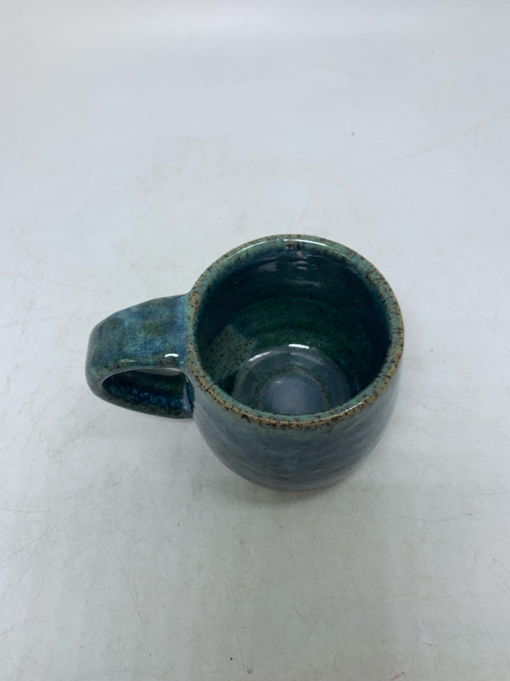 SHORT THICK GREEN/BLUE OMBRE POTTERY MUG.