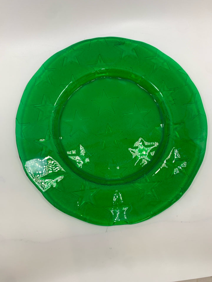 GREEN GLASS PLATE W/EMBOSSED STARS.