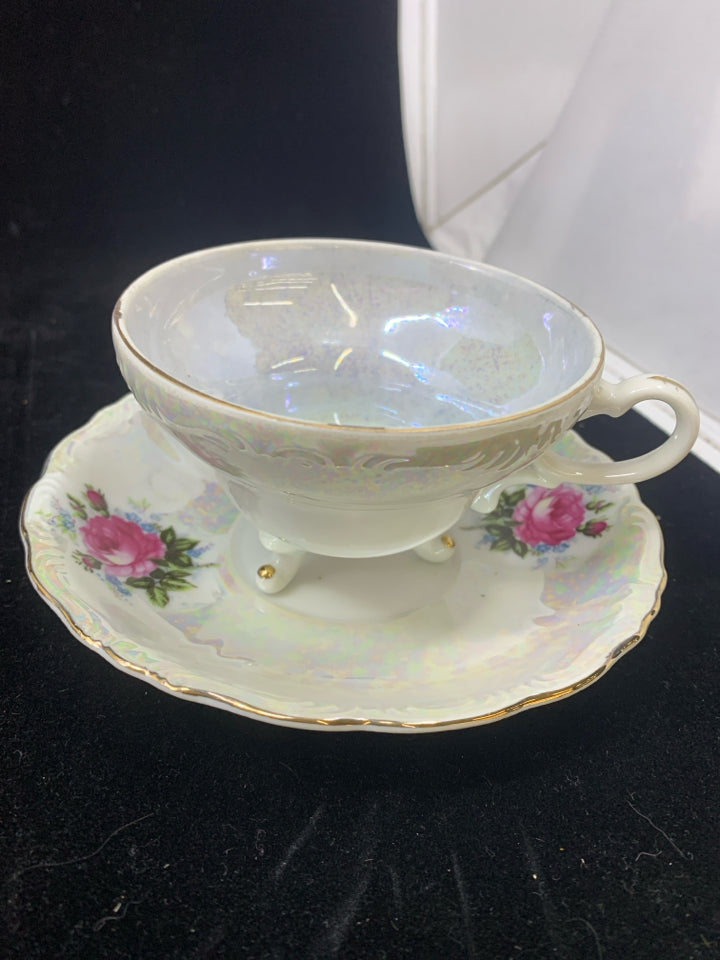 VTG PINK W/GOLD DESIGN IRIDESCENT FOOTED CUP & SAUCER.