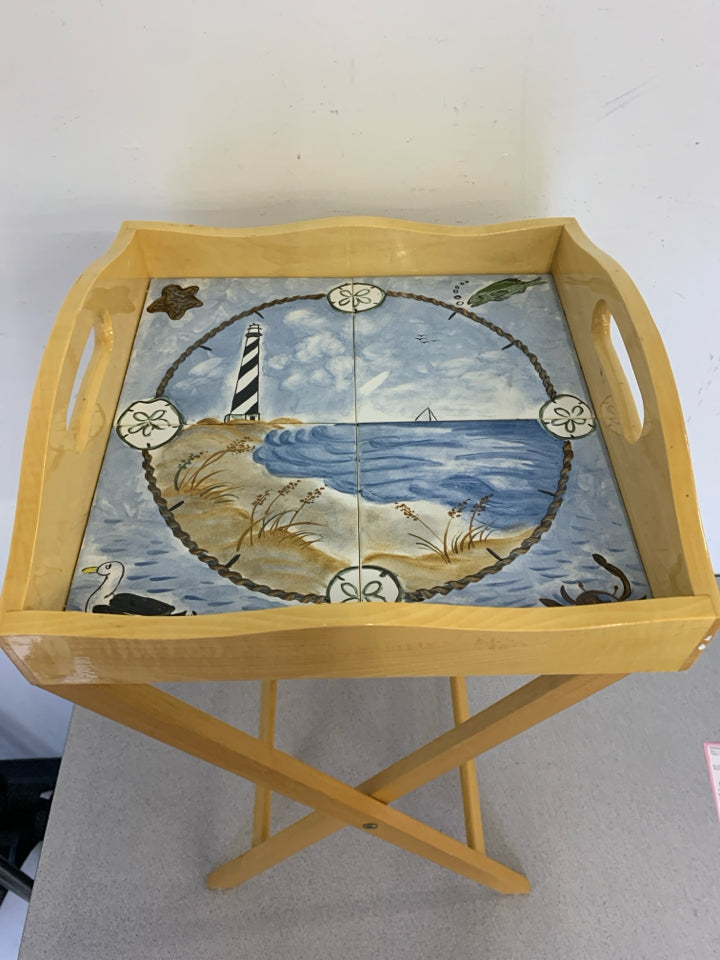 LIGHTHOUSE BEACH SERVING TRAY W/FOLDING STAND.