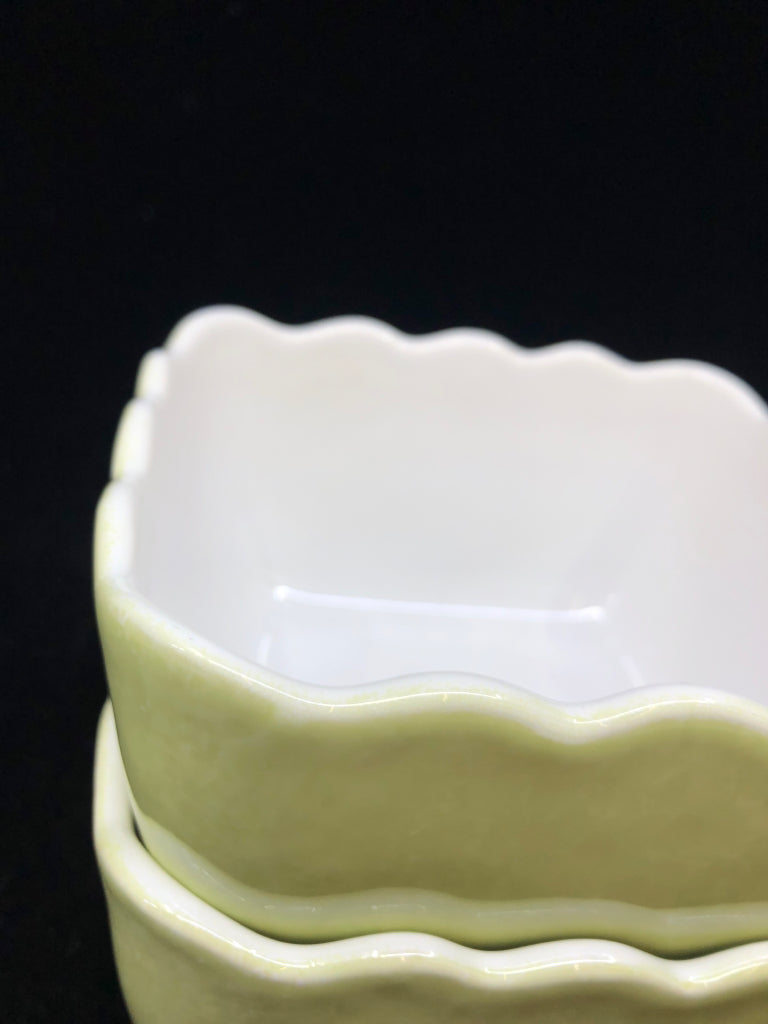2 LIGHT GREEN SQUARE BOWLS W/ SCALLOP EDGE CRATE&BARREL.