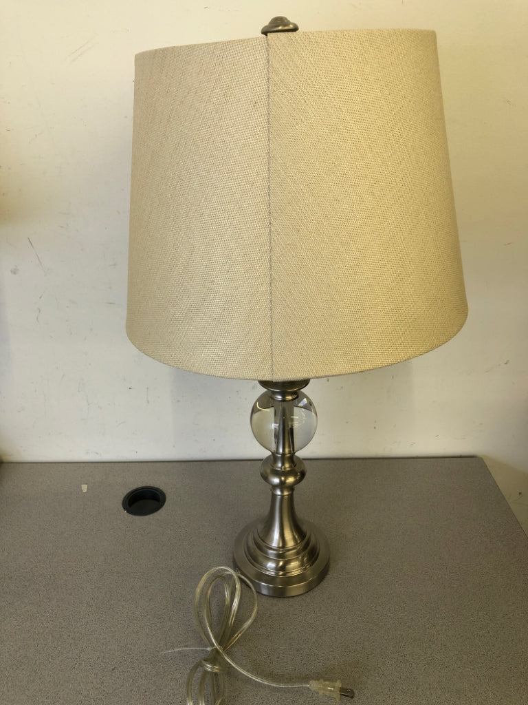SILVER/GLASS BALL TABLE LAMP W/ BEIGE SHADE.