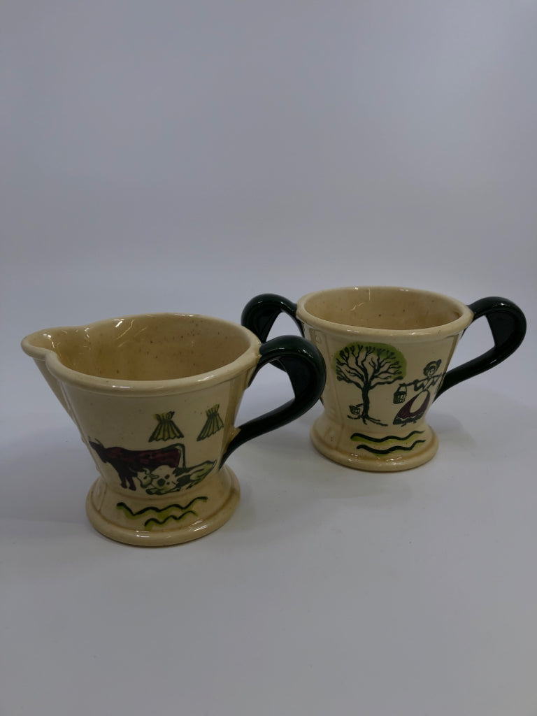 VTG farm AND MILK LADY SUGAR CREAMER SET TAN W/GREEN HANDLES.