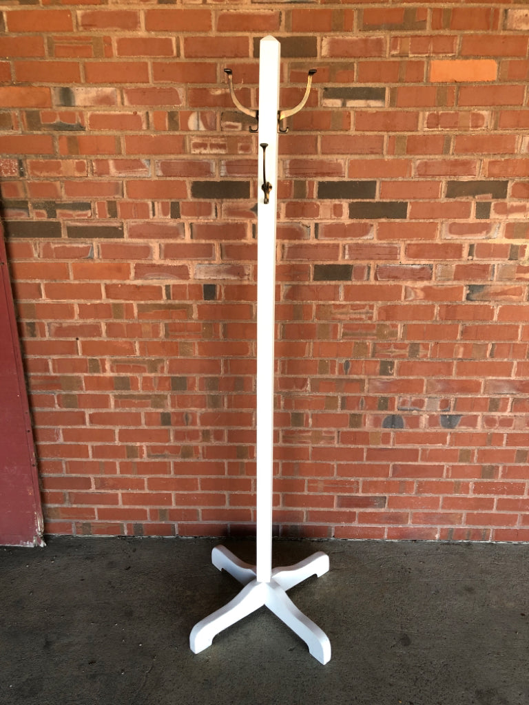 WHITE COAT RACK W/METAL HOOKS.