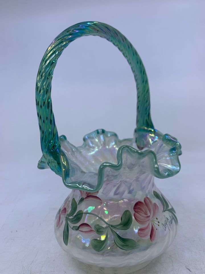 90TH ANNIVERSARY OPALESCENT SPIRAL OPTIC BASKET PAINTED FLOWERS.