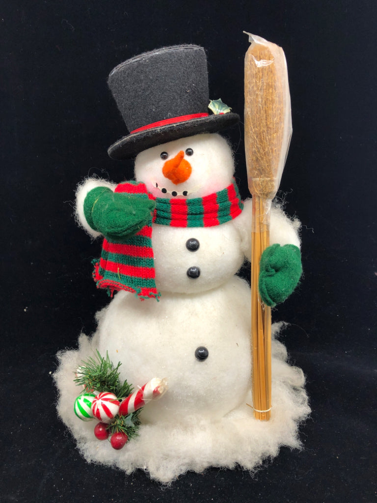 SNOWMAN HOLDING BROOM.