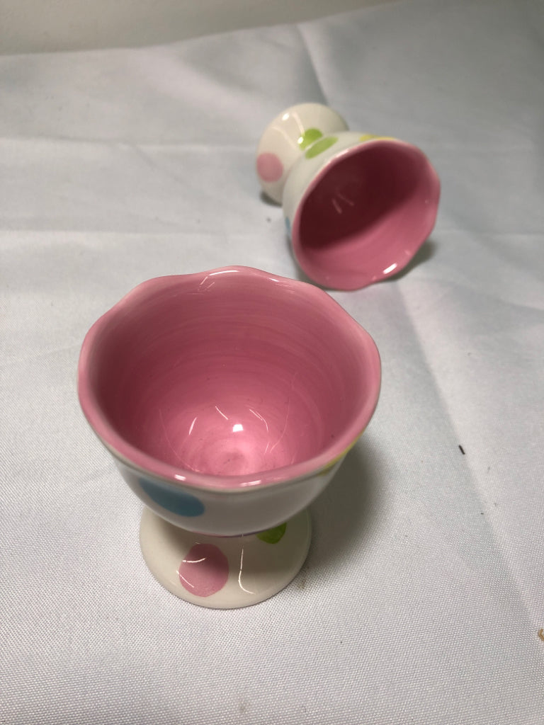 2 PASTEL POLKA DOT EGG CUPS.