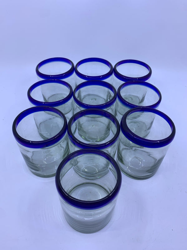 GREEN GLASS WITH BLUE TRIM SET OF 10.