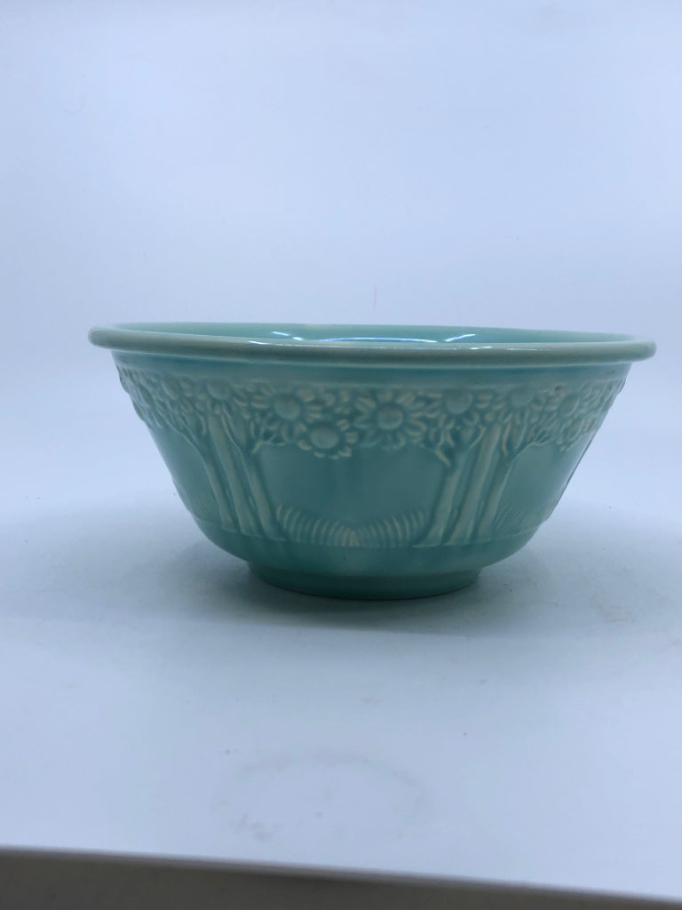 VTG TEAL BOWL W BLOOMING TREE DESIGN.