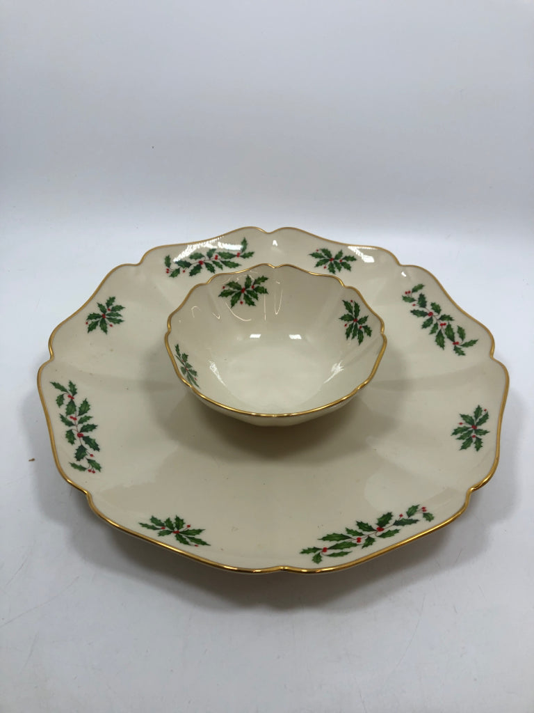 HOLLY SERVING TRAY W/DIP BOWL ATTACHED - LENOX.