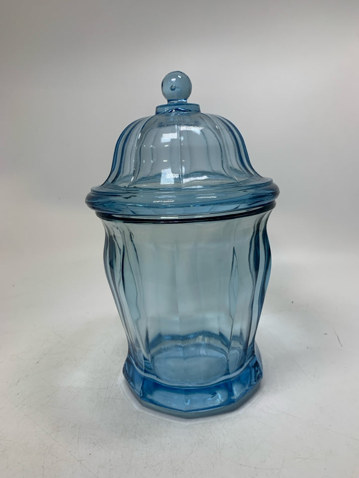 HEAVY LIGHT BLUE THICK GLASS CANISTER.
