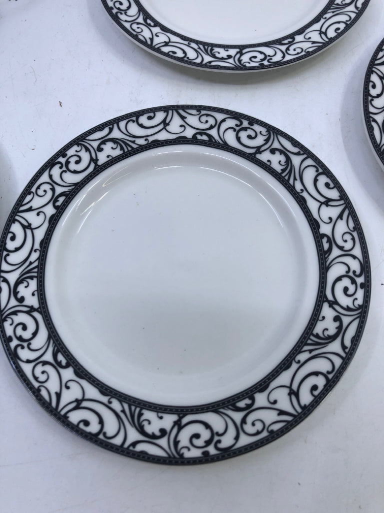 5pc APP PLATE SET WHITE W/ BLACK SCROLL DESIGN EDGE BLACK METAL STAND.