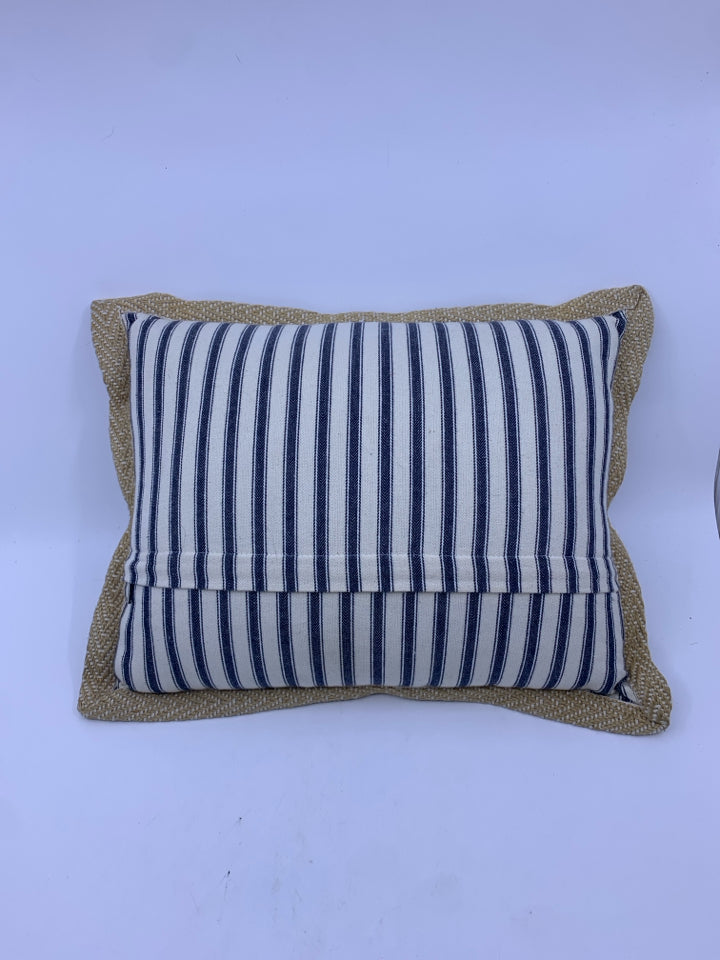 BLUE STRIPED BURLAP TRIM PILLOW.