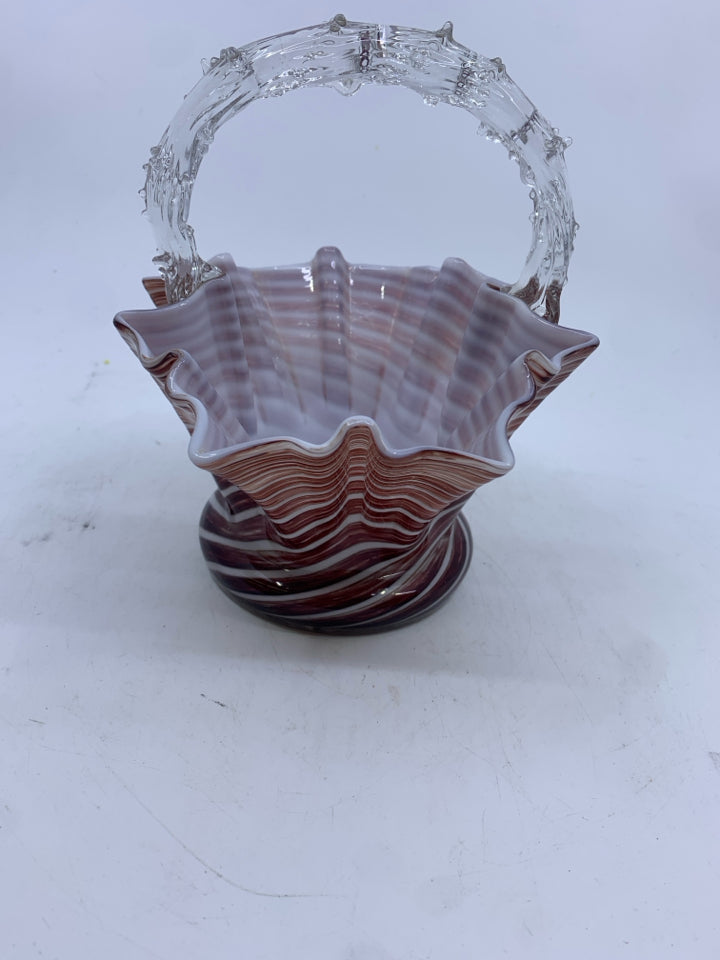 GLASS BASKET STRIPED CRANBERRY/WHITE W/ CLEAR TEXTURE HANDLES.