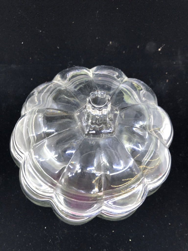 PUMPKIN SHAPED GLASS CANDY DISH W/LID.
