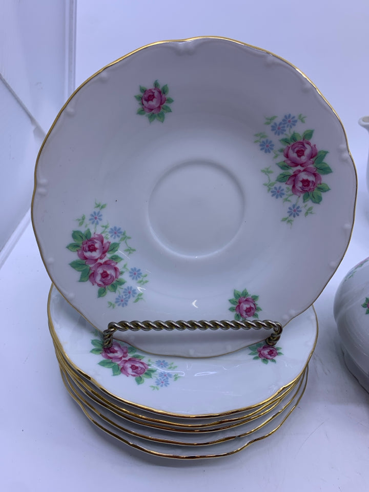 15 PC TEA SET WHITE WITH PINK FLORAL ROSE GOLD ACCENT.