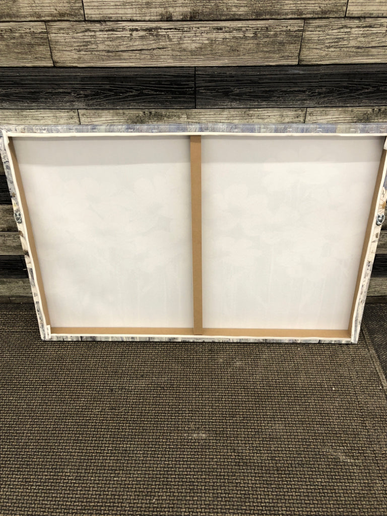 WHITE DAISIES ON BLUE/GREY CANVAS WALL ART.