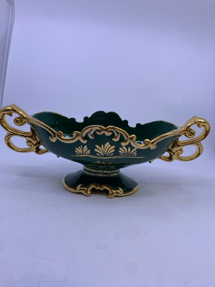 GREEN GOLD CERAMIC FOOTED OVAL PLANTER W/ FLOWER DESIGN SIGNED.
