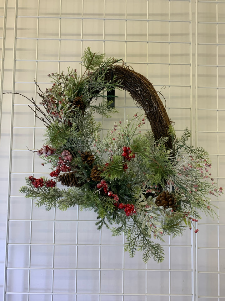 OVAL TWIG WREATH W/ FROSTED RED BERRIES SMALL PINE CONES, LIGHT UP.