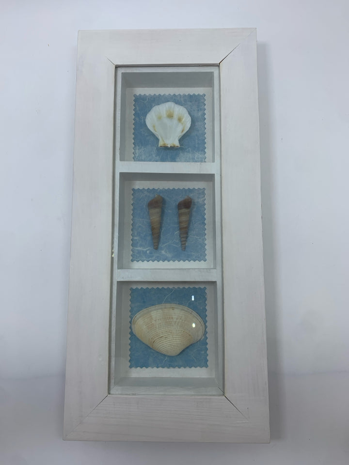 SEASHELL SHADOWBOX IN WHITE WOOD FRAME.