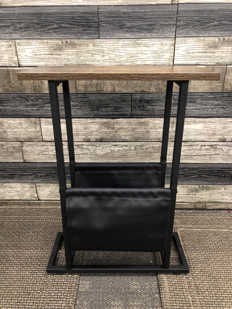 NARROW END TABLE W/MAGAZINE STORAGE.