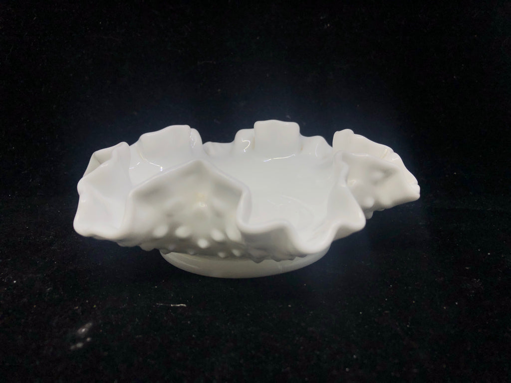 2 VTG HOBNAIL MILK GLASS PILLAR CANDLE PLATES W/ RUFFLE EDGE.