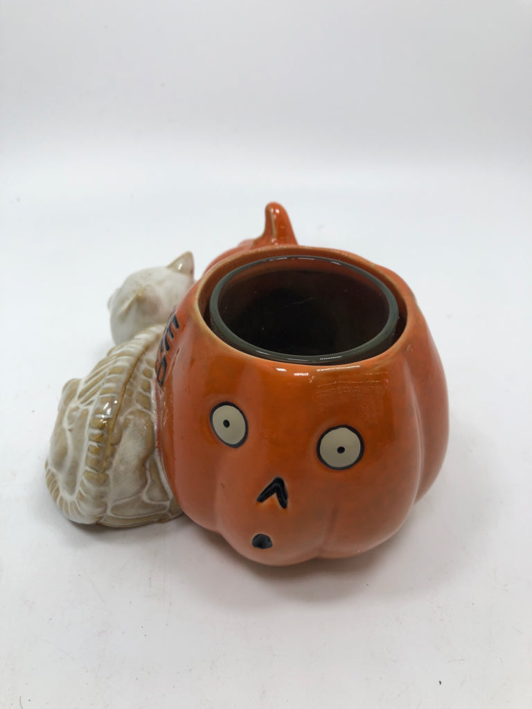 VOTIVE CANDLE HOLDER BONEY BUNCH PUMPKIN & SKELETON CAT -YANKEE CANDLE.