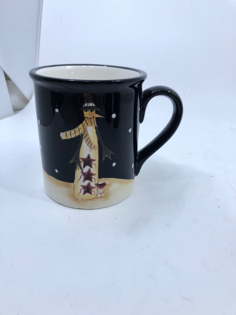 BLACK PRIMITIVE SNOWMAN MUG.