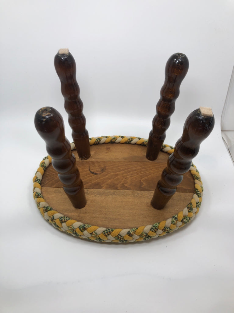 STOOL W/KNITTED TOP AND SPINDLE LEGS.