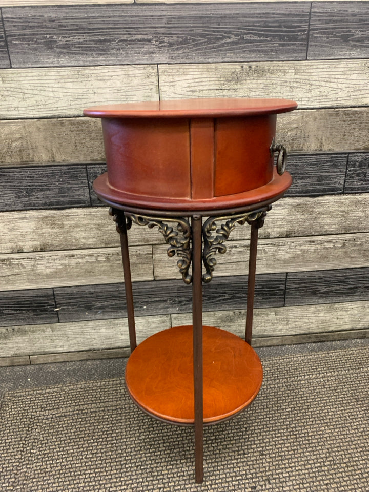VTG ROUND RED WOOD END TABLE W/ DRAWER.