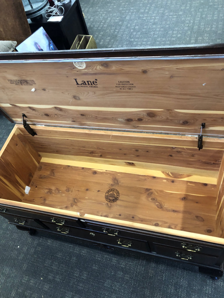 LANE DARK WOOD CHEST WITH SLOW CLOSE HINGE (NO LOCK) *MINOR SCRATCHING.
