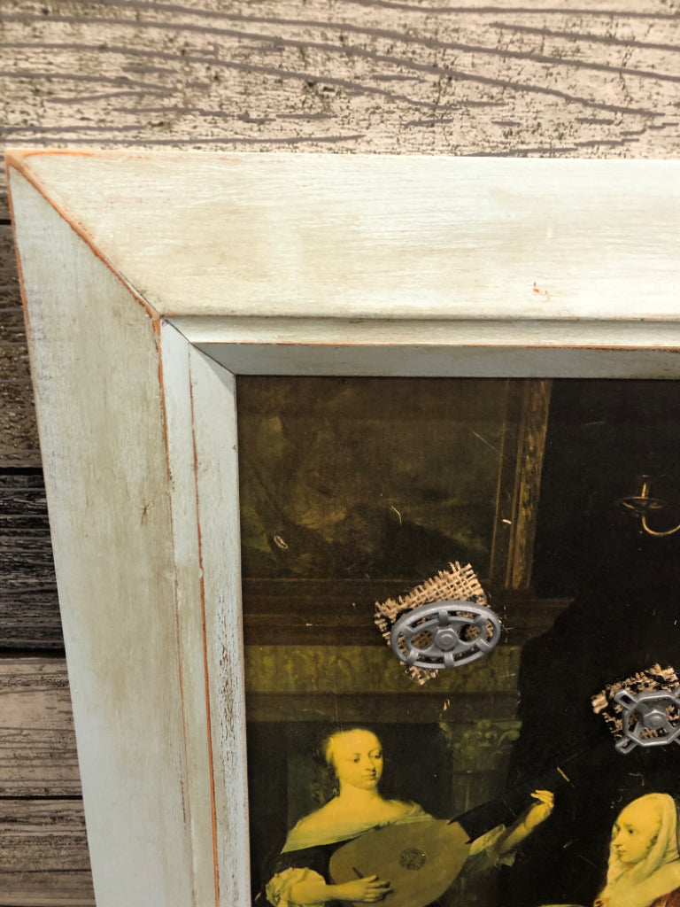 YOUNG WOMAN COMPOSING MUSIC FRAMED PRINT W/TURNING GEAR ATTACHMENTS.