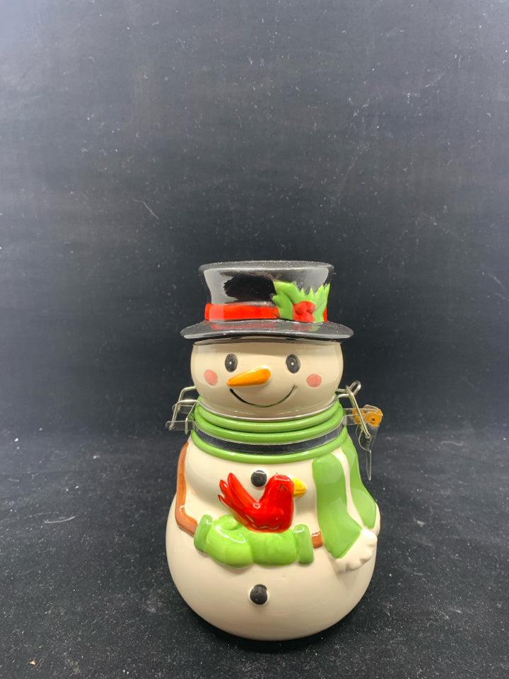 SNOWMAN W METAL CLASP CANISTER.