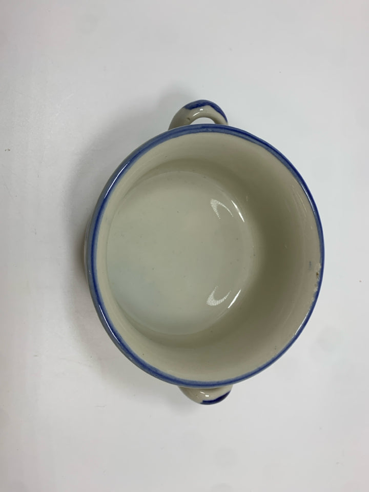 SVC FOR 7 VTG BLUE FLORAL DOUBLE HANDED STONEWARE SOUP BOWL W/SAUCER.