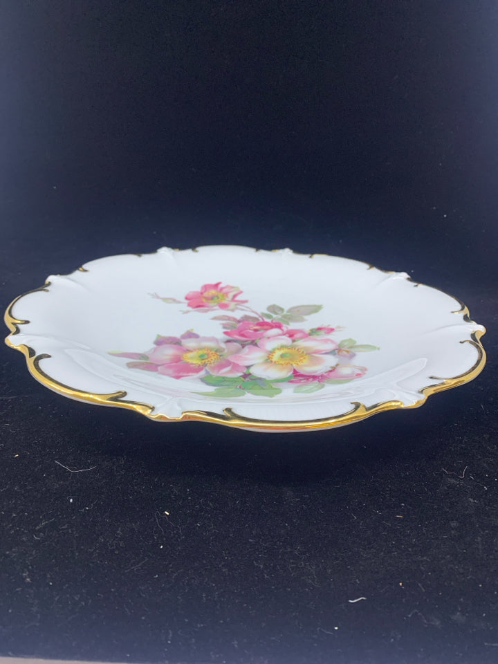 VTG PINK FLOWERS, GOLD SCALLOP RIM SERVING PLATE.