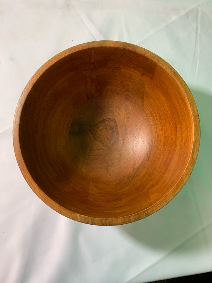 WOOD BOWL W/ METAL BAND AROUND.