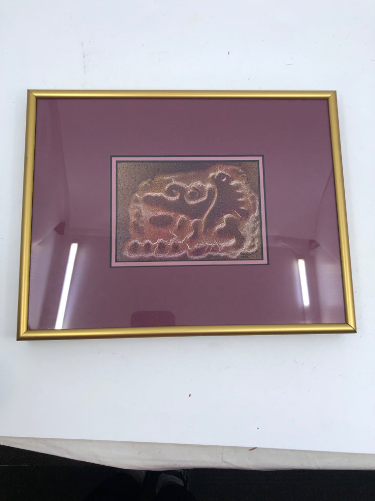 GOLD FRAME W/ MAROON BACKGROUND ABSTRACT DESIGN WALL ART.