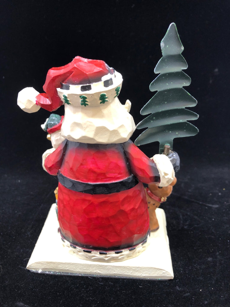 NIB WOOD CARVED SANTA W/PUPPIES STOCKING HOLDER.