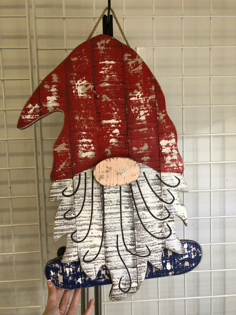 RED WHITE AND BLUE DISTRESSED GNOME WALL HANGING.