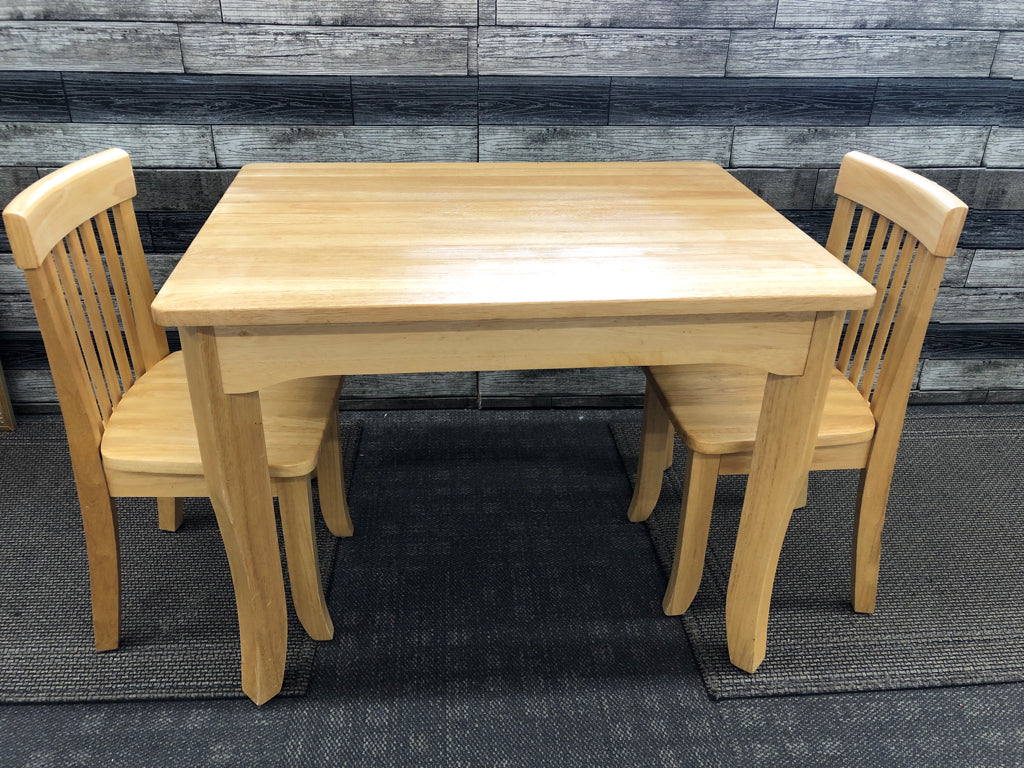 BLONDE WOOD KIDS TABLE W/2 CHAIRS.