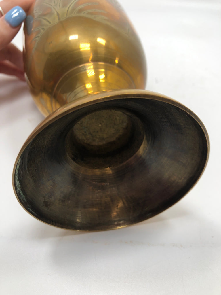 BRASS VASE W/ETCHED FLORAL DESIGNS.