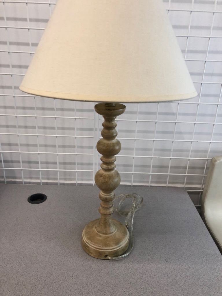 WOODEN BOHO LAMP W/CANVAS SHADE.