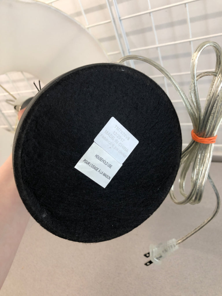 NWT BLACK LAMP W/WHITE FABRIC SHADE.