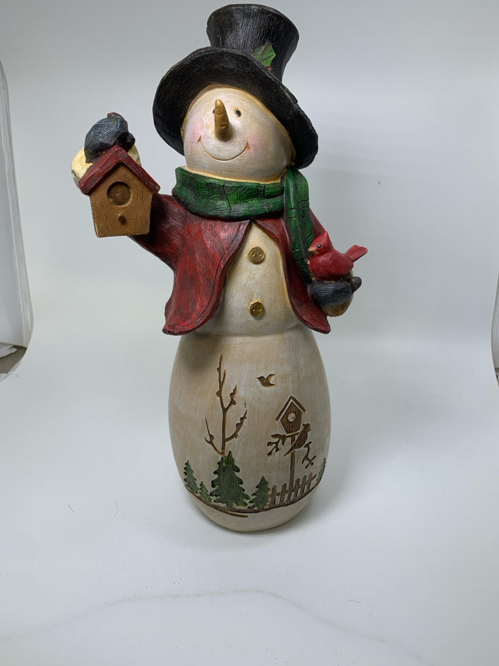 LARGE ACRYLIC SNOWMAN HOLDING BIRDHOUSE/CARDINAL.