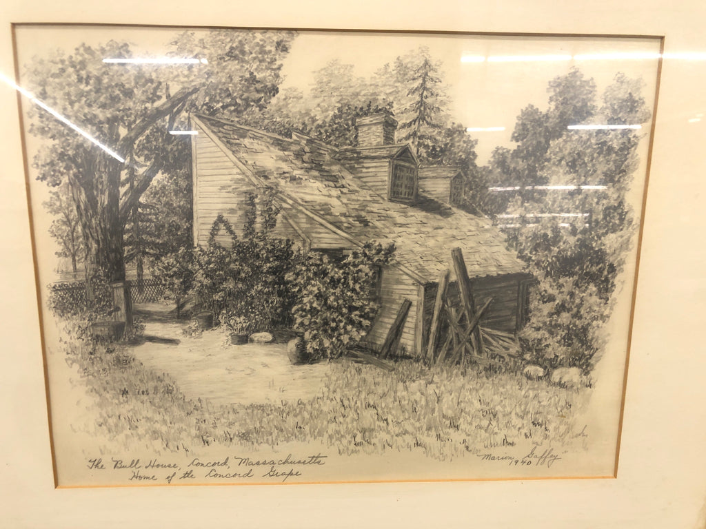 THE BULL HOUSE CONCORD DRAWING IN GOLD FRAME- SIGNED.