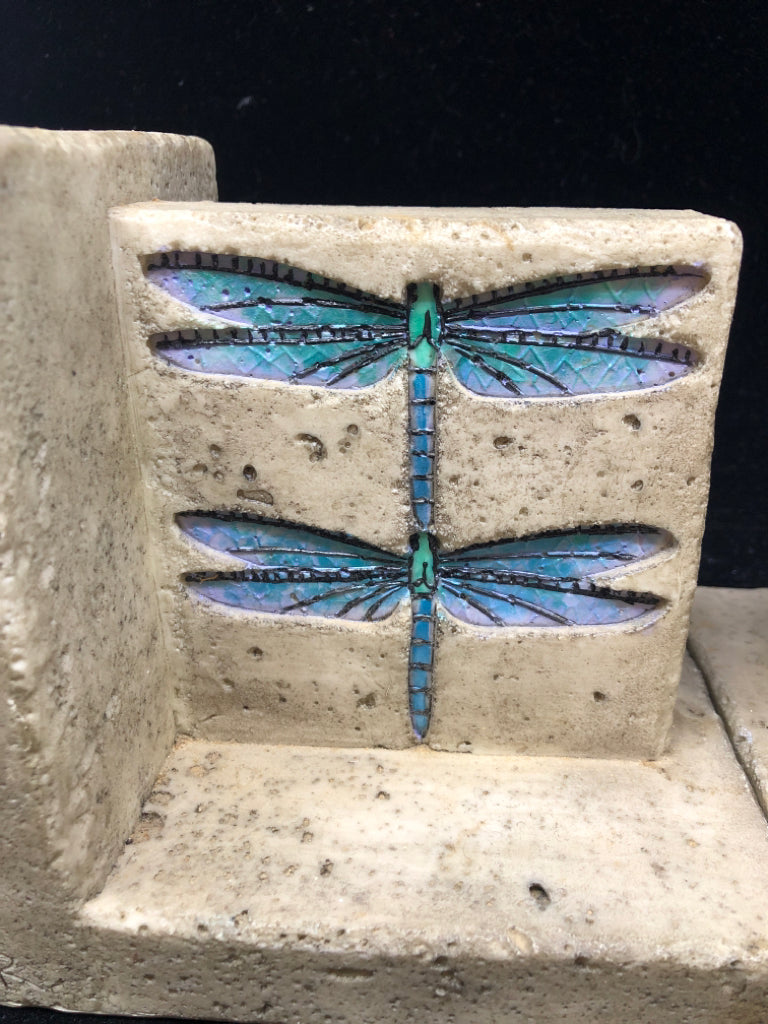 2 HEAVY FAUX STONE CARVED DRAGONFLY BOOKENDS.