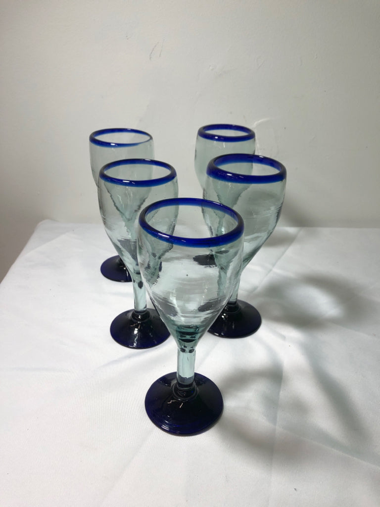 5 BLOWN GLASS WHITE GLASSES BLUE RIM/BOTTOM.
