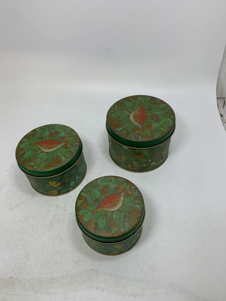 3 VTG CIRCLE METAL NESTING BOXES W/ QUAIL BIRD AND PEARS.
