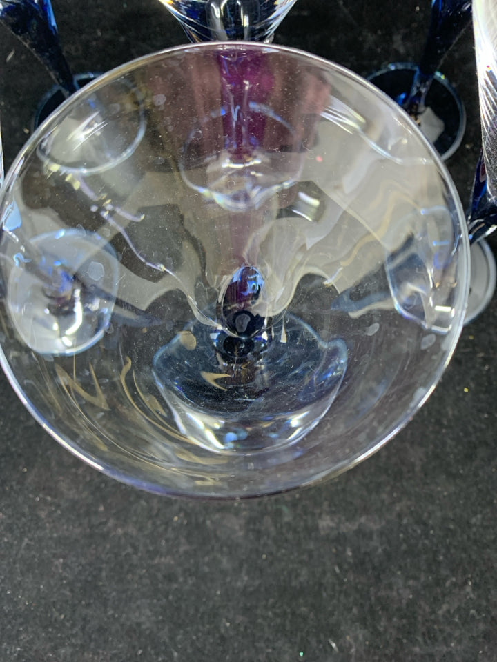 6 BLUE STEM CHAMPAGNE FLUTES.