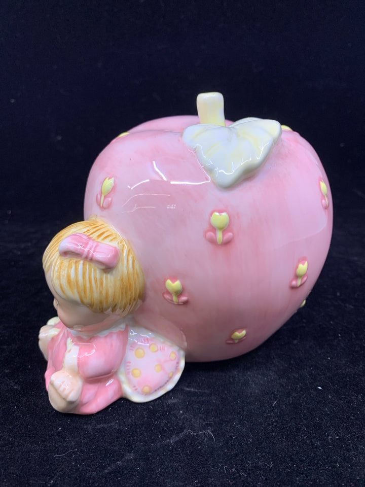 PINK APPLE PIGGY BANK W LITTLE GIRL.